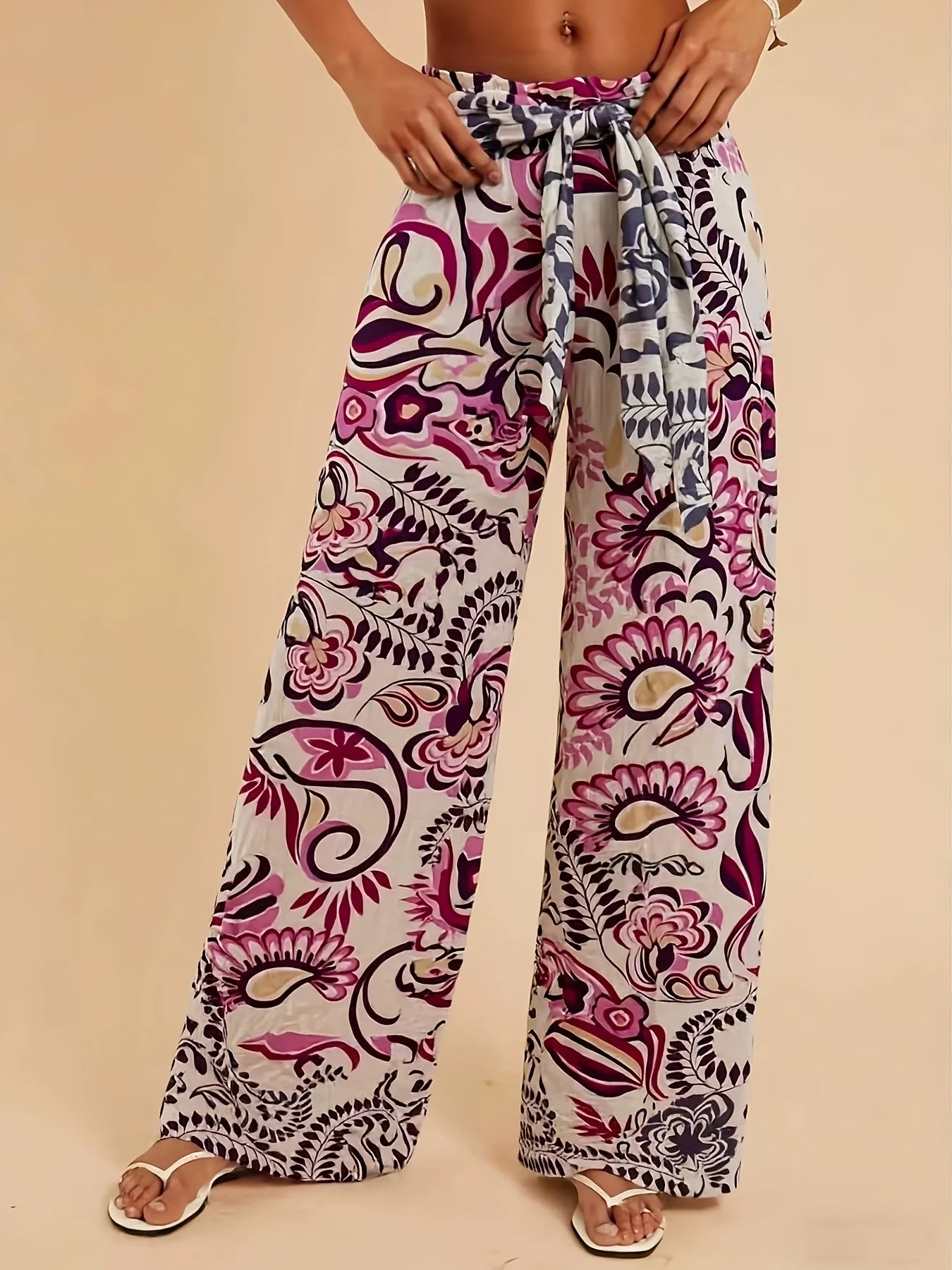 Pink Purple Paisley Print Wide Leg Pants, Tie Waist, Vacation Style Drapey Casual Trousers