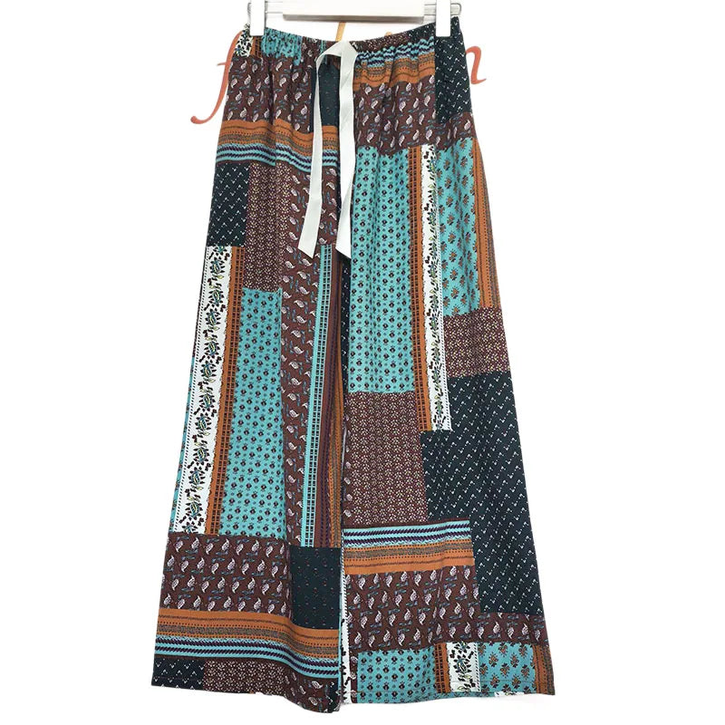 Printed Wide Leg Pants Women Summer Loose Casual Long Trousers Retro Artistic Style Quality Pants Comfortable Cotton Blend