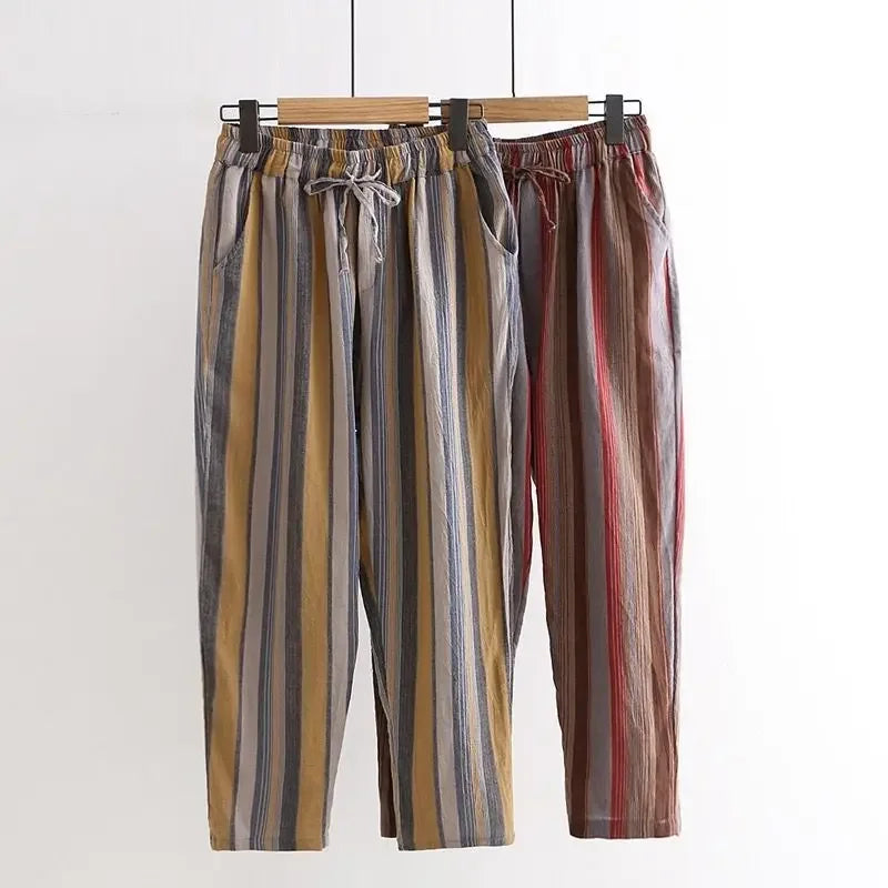 Striped Vintage Elastic High Waist Lace Up Cotton Linen Women's Pants Korean Fashion Wide Leg Ankle-Length Pants For Women 2025