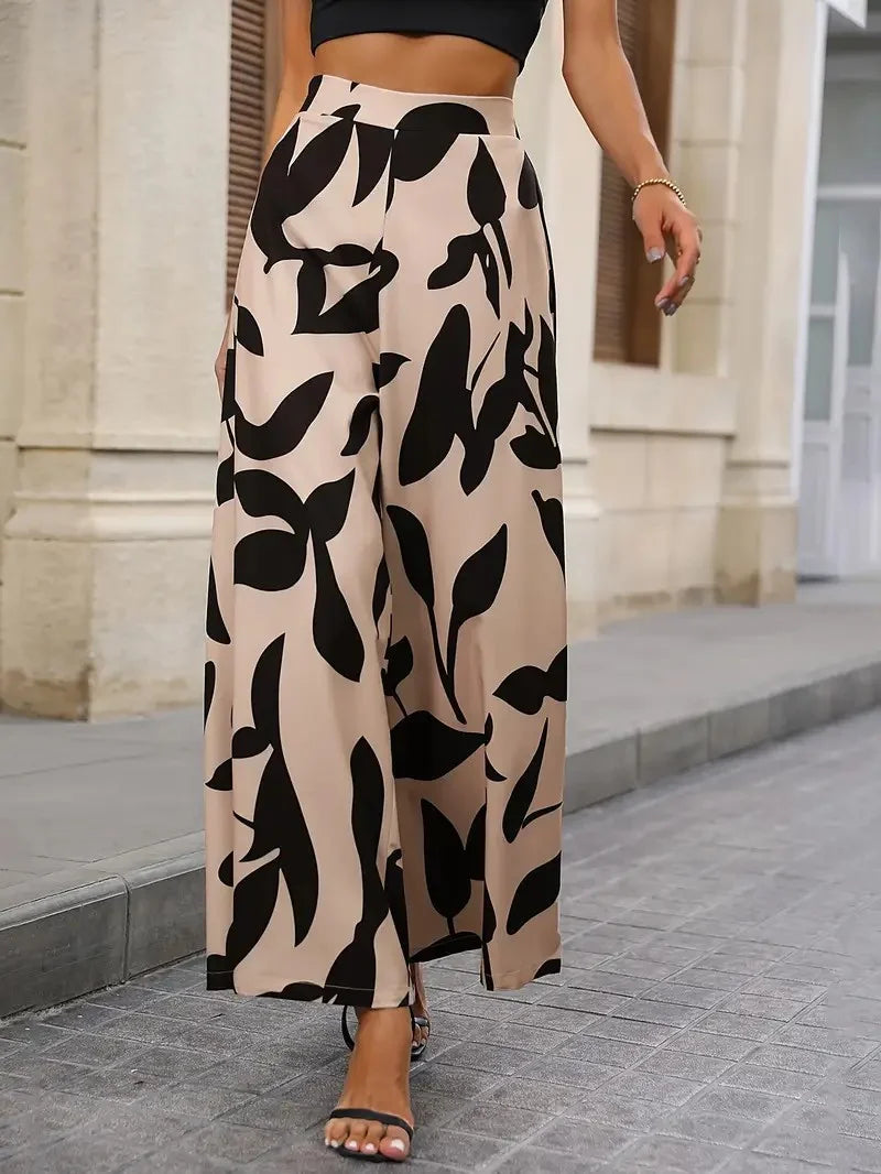 Women's Leaf Print Wide-Legged Casual Pants Loose Fit Fashionable Trousers