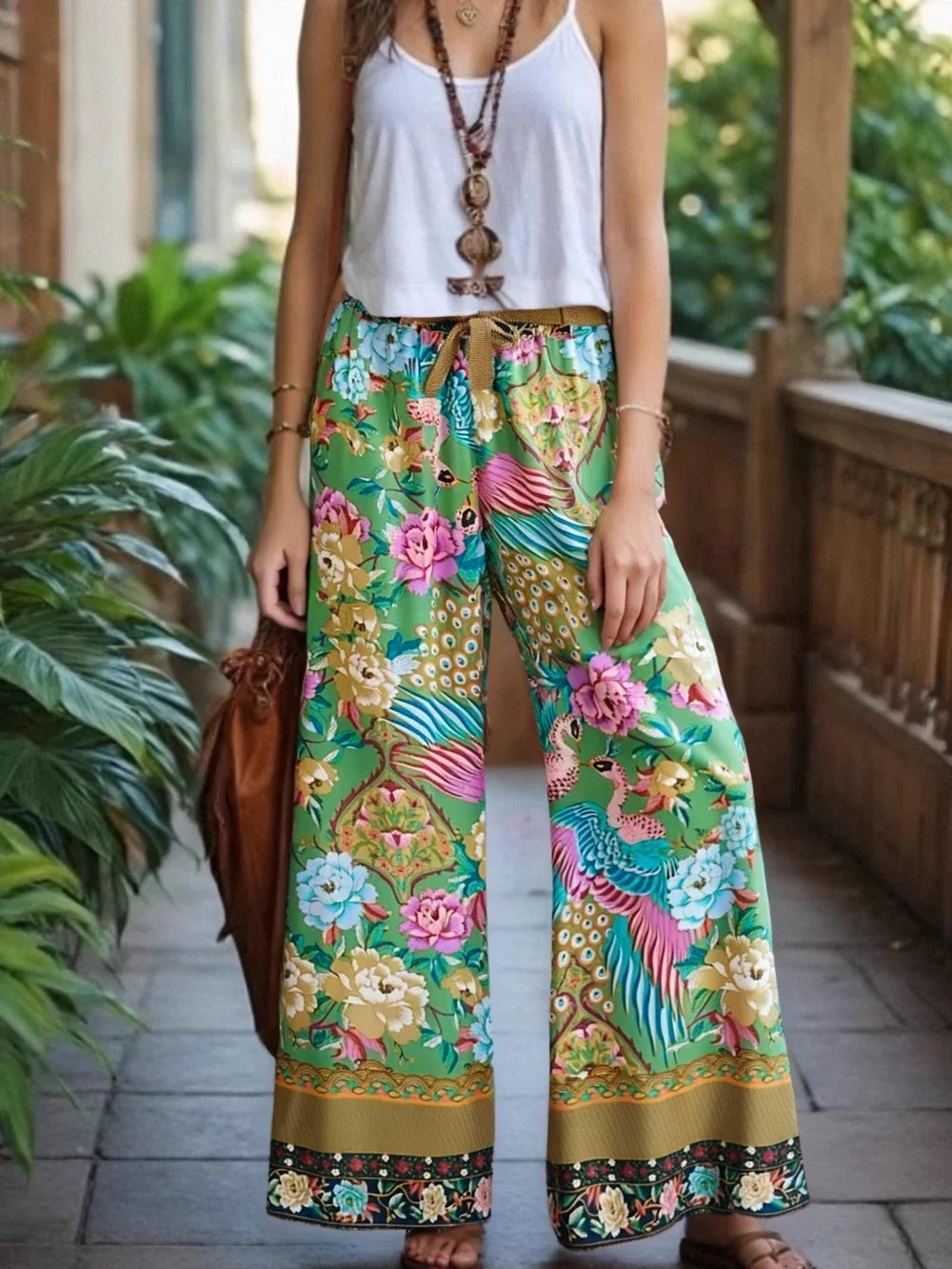 Women Peacock Floral Print Bohemian Wide Leg Pants Lady Elastic Waist Loose Rayon Boho Long Pant  Oversize Trousers