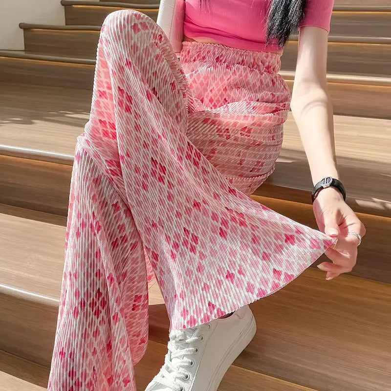 Ice Silk Women's 2024 Summer New Style Spliced Elasticized High-waisted Hanging Feeling Pleated Loose Casual Straight Leg Pants