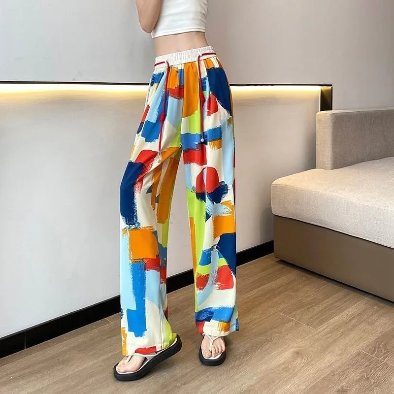Women Colorful Graffiti Print Wide Leg Pants, Elastic Waist Drawstring Loose Trousers, Summer Casual Streetwear
