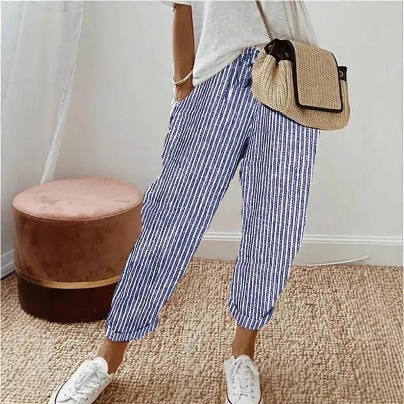 Women's Summer New Loose Stripe Printed Elastic Waist Drawstring Casual Pants