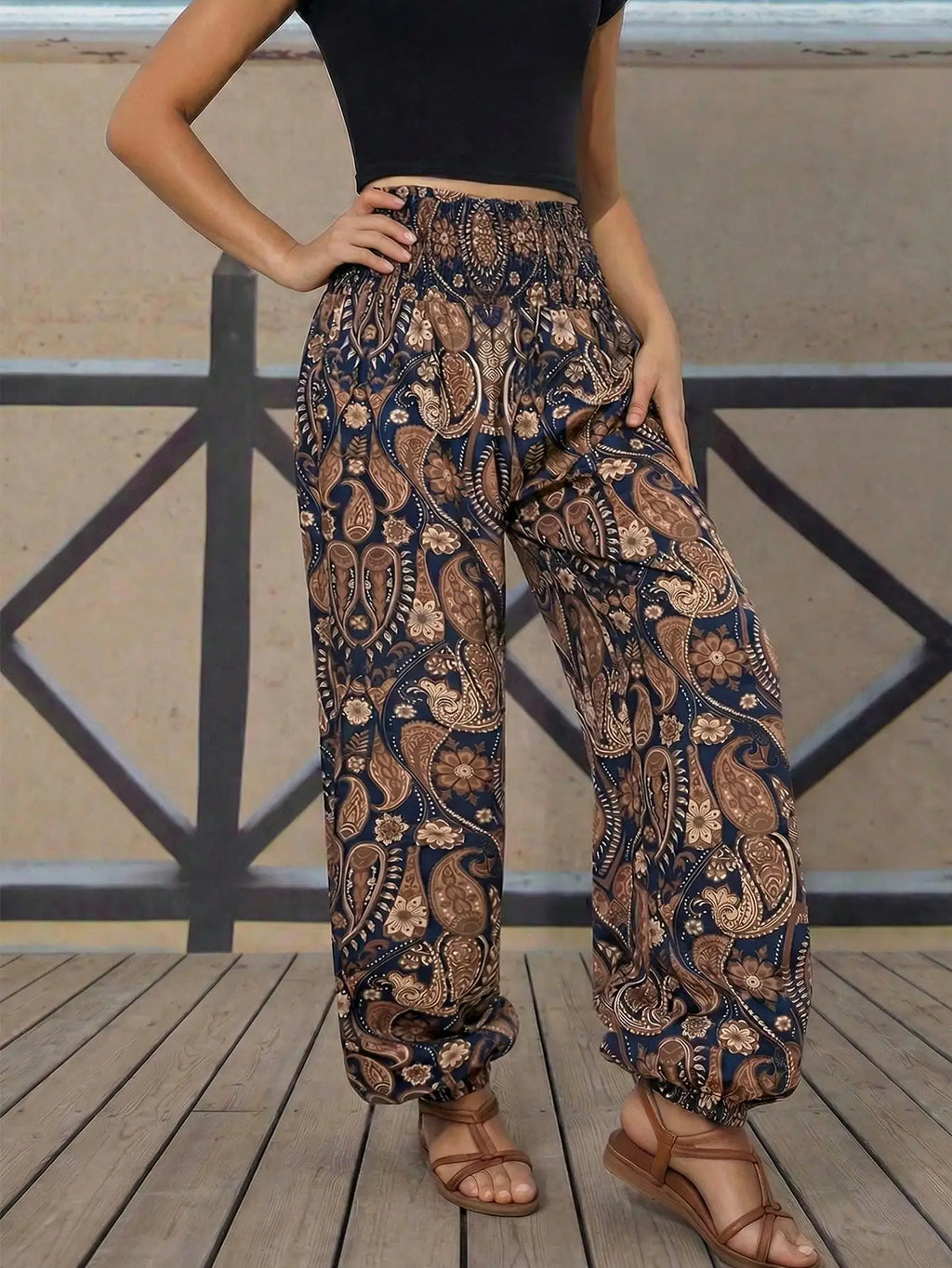 Women's Paisley Print High Waist Harem Pants Loose Casual Beach Palazzo Pants Elastic Cuff Lounge Pants for Summer Vacation