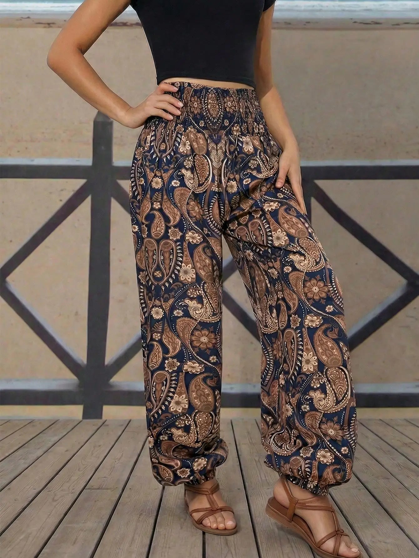 Women's Paisley Print High Waist Harem Pants Loose Casual Beach Palazzo Pants Elastic Cuff Lounge Pants for Summer Vacation