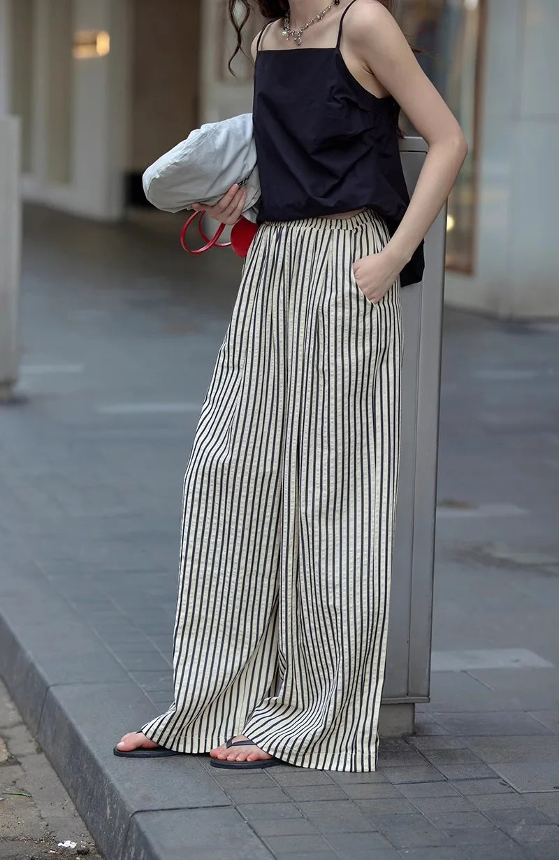American Style Retro Vertical Stripe Drawstring Wide Leg Pants High Waist Dipping Loose Straight Casual Pants