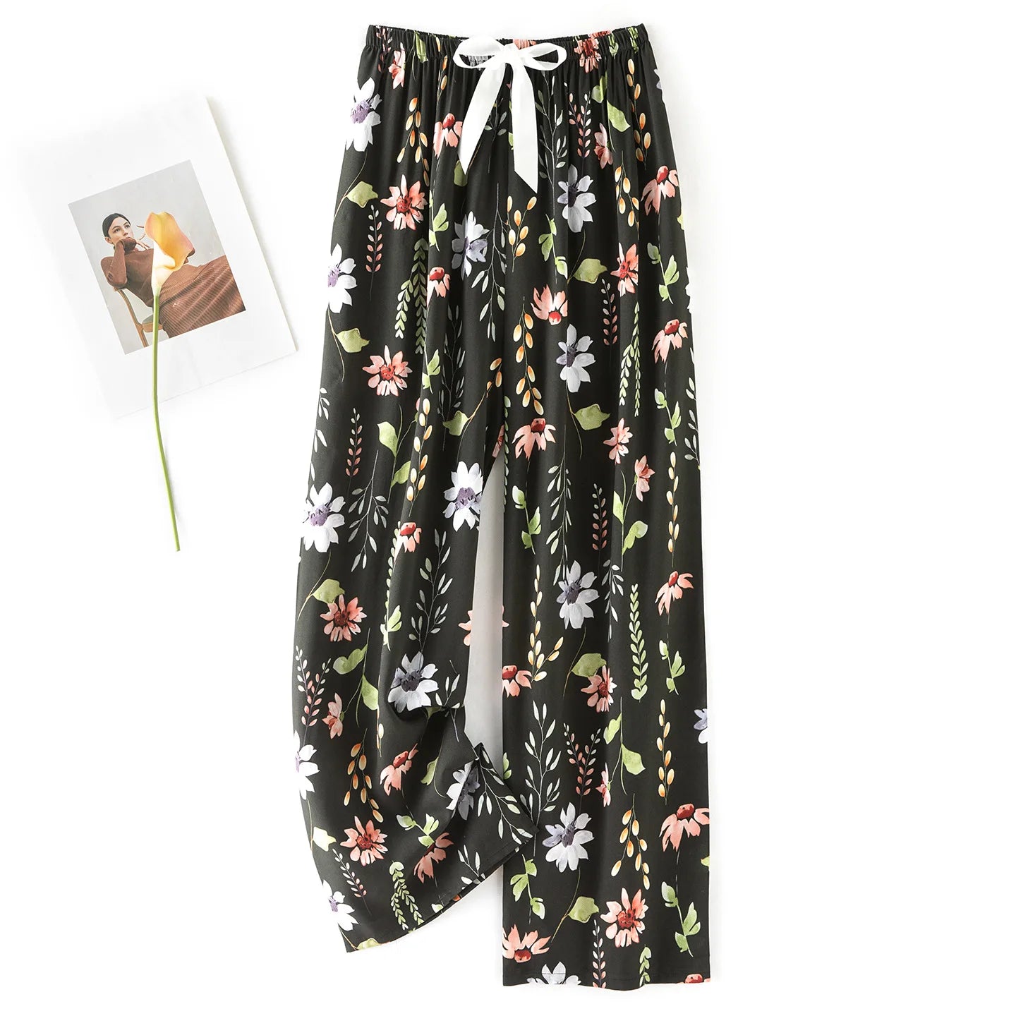 Women Casual Autumn Wide Leg Pants Floral Beach Trousers High Waist Boho Ethnic Style Calf Pants Four Season Girls Home Clothes