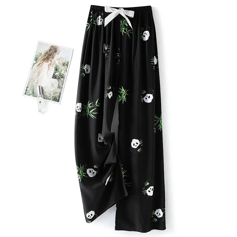 New Ladies Pants Viscose Pajama Sleep Bottoms Thin Loose Large Size Pants Women Pants Home Clothes Loungewear Floral Sleepwear
