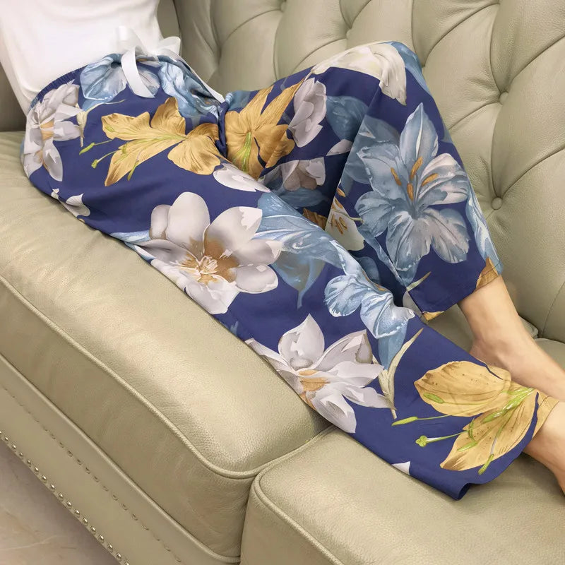 Loungewear Women Summer Pants Thin Bottoms Large Size Home Wear Pants Flower Print Loose Cute Trousers