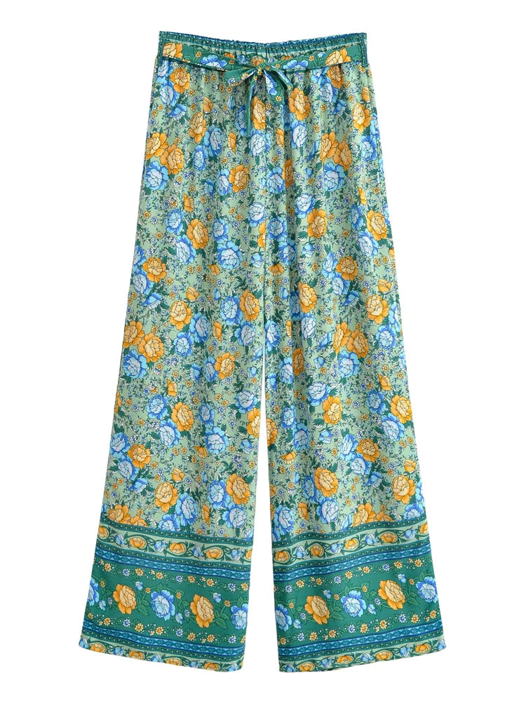 Happie Queens Women Floral Print Bohemian Wide Leg Pants Lady Elastic Waist Loose Rayon Boho Long Pants Beach Casual Trousers