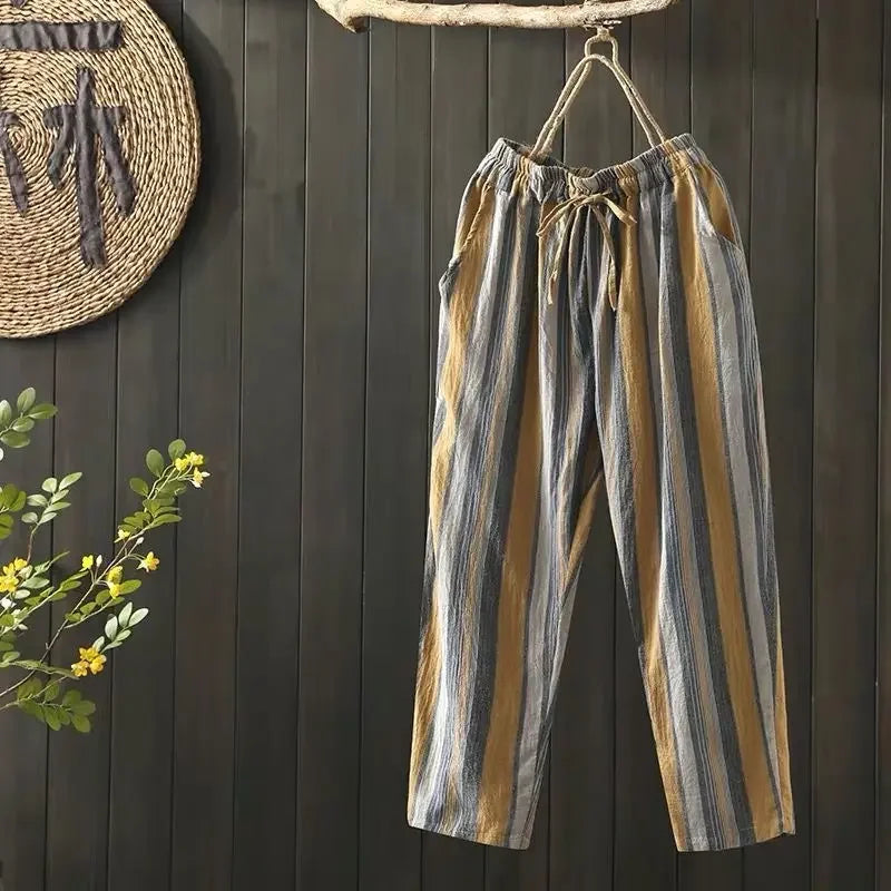 Striped Vintage Elastic High Waist Lace Up Cotton Linen Women's Pants Korean Fashion Wide Leg Ankle-Length Pants For Women 2025
