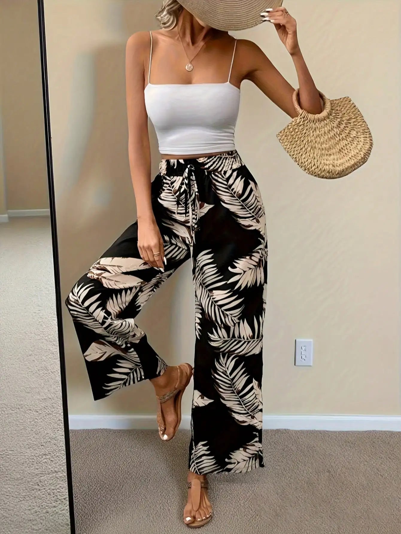 Women's Casual Elegant Bohemian Style - Loose Comfortable Leaf Printed Wide Leg Elastic Waist Wide Leg Pants