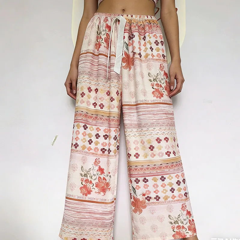 Printed Wide Leg Pants Women Summer Loose Casual Long Trousers Retro Artistic Style Quality Pants Comfortable Cotton Blend