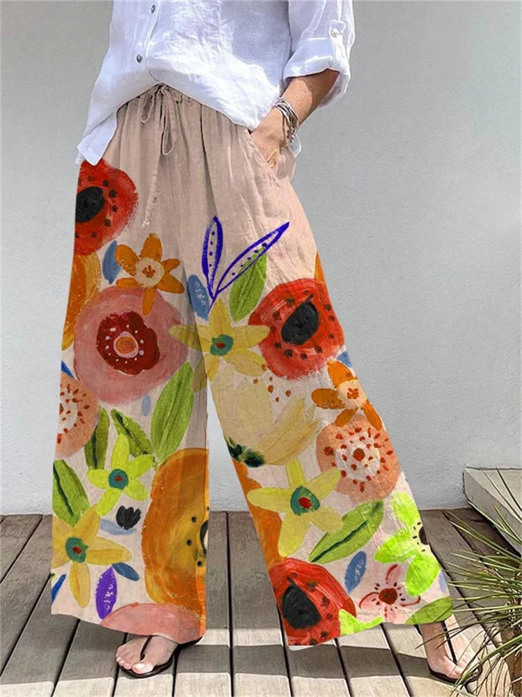Women's Loose-Fit Casual Outdoor Streetwear Wide-Leg Pants With 3D Floral Print Stylish And Versatile Everyday Casual Pants