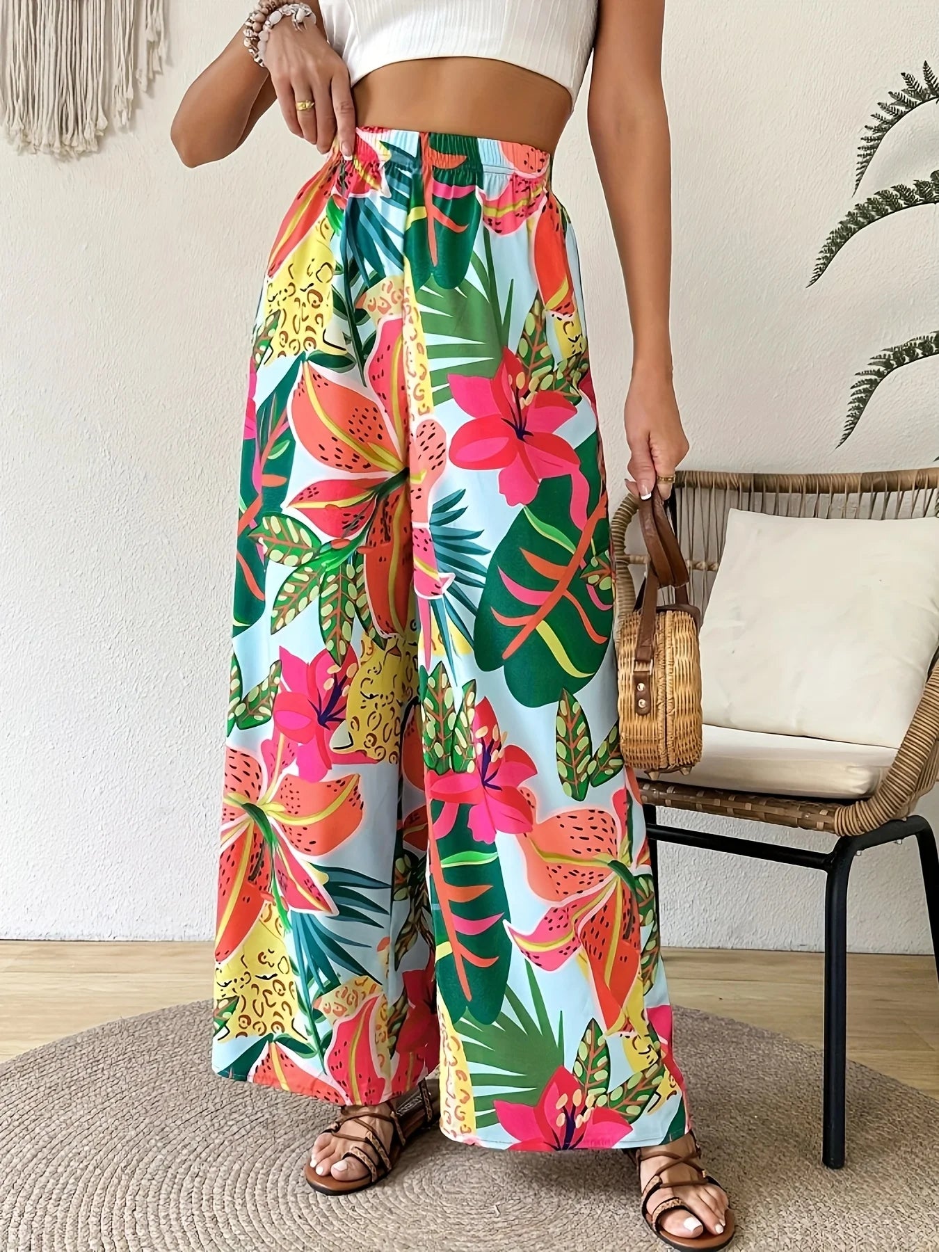 2026 women's vacation casual comfortable loose pants floral tropical elastic waist wide leg pants