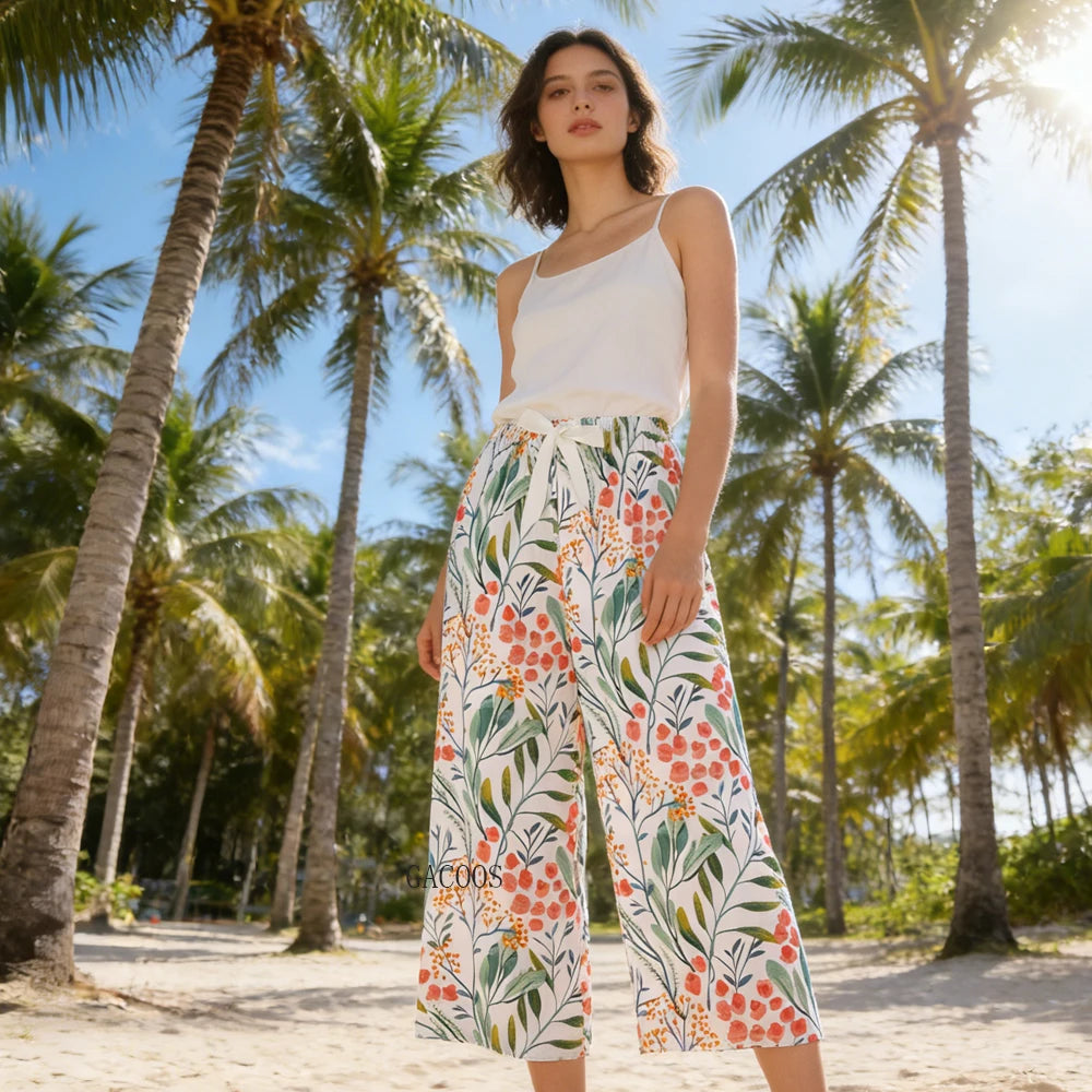 Women Casual Autumn Wide Leg Pants Floral Beach Trousers High Waist Boho Ethnic Style Calf Pants Four Season Girls Home Clothes