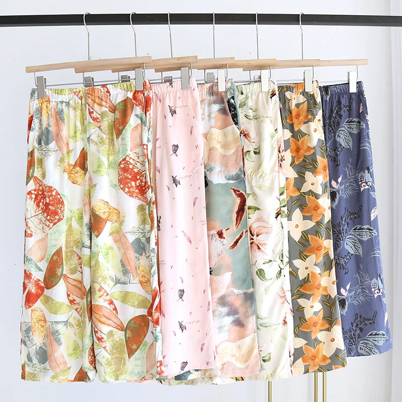 Summer new women's 100% viscose pajama pants cropped pants thin loose wide leg pants home pants pajama plus size cute shorts
