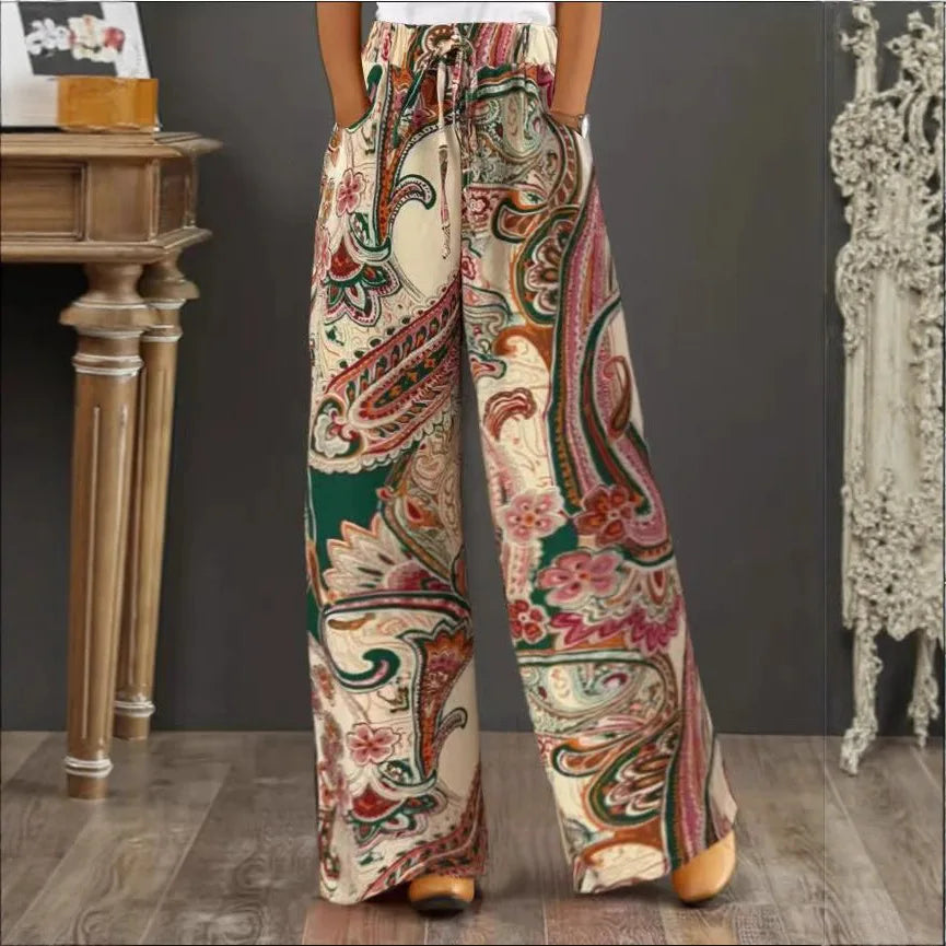 Fashionable Print Wide Leg Pants Women's Elastic Waist Fake Drawstring Comfortable Casual Trousers Autumn Season Polyester Fa...