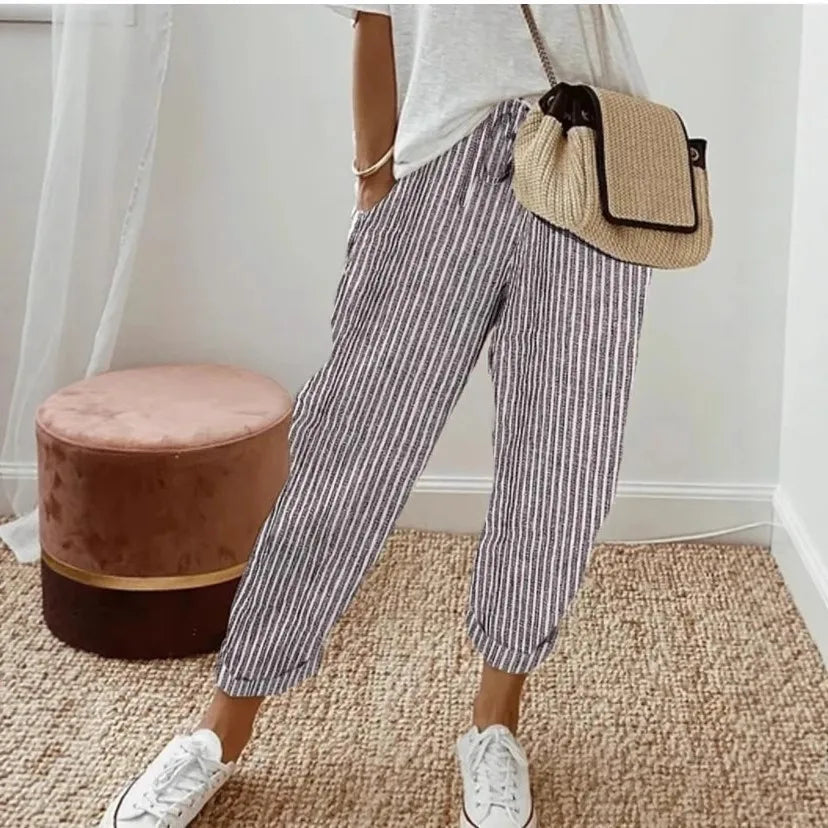 Women's Summer New Loose Stripe Printed Elastic Waist Drawstring Casual Pants
