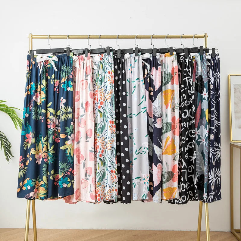 Loungewear Women Summer Pants Thin Bottoms Large Size Home Wear Pants Flower Print Loose Cute Trousers