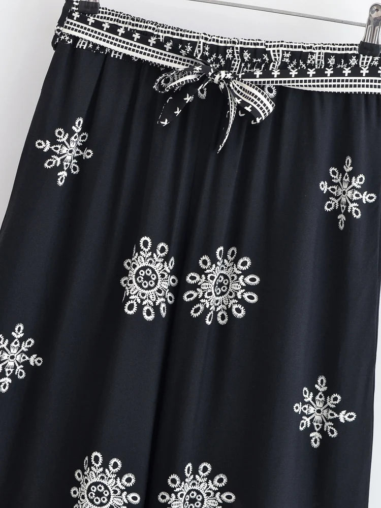 Boho Queens Women Floral Bohemian Wide Leg Holiday Pants with Pockets Lady Elastic Waist Loose Vacation Boho Pants Trousers