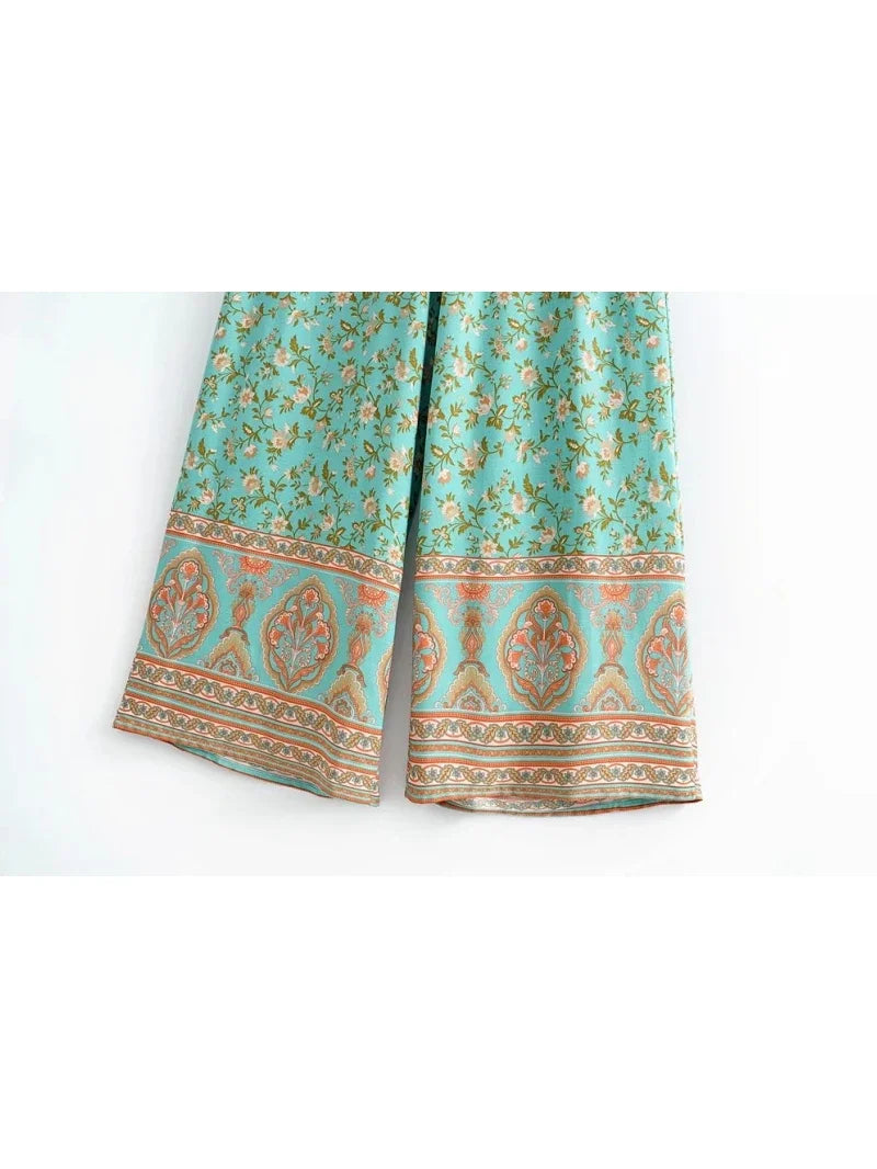 Boho Queens Women Green Floral Print Bohemian Wide Leg Pants Lady Elastic Waist Loose Rayon Boho Long Pant Oversize Trousers