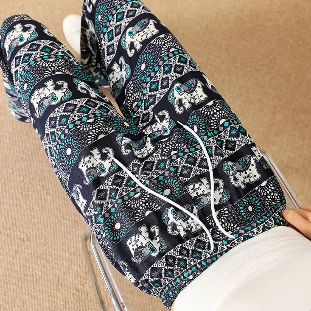 Colorful Thai Elephant Printed Pants Comfy Casual Wide Leg Pants for Women with Strap High Waist Women's Harem Pants Yoga