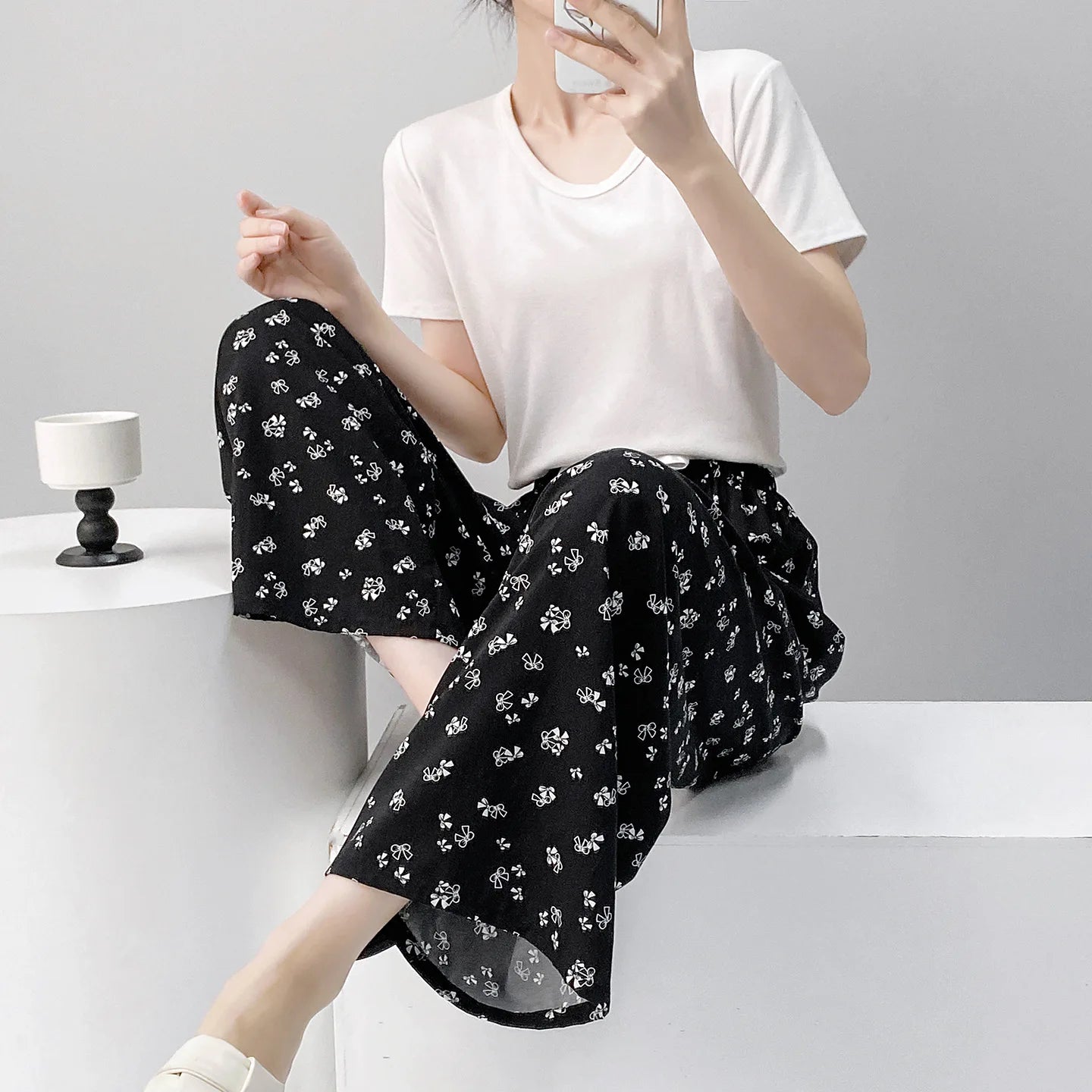 Women Casual Autumn Wide Leg Pants Floral Beach Trousers High Waist Boho Ethnic Style Calf Pants Four Season Girls Home Clothes