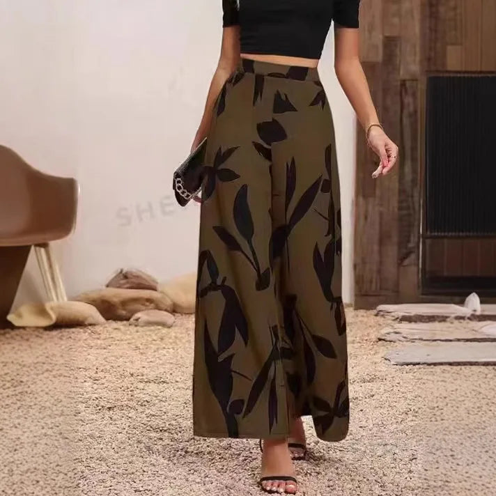 Women's Leaf Print Wide-Legged Casual Pants Loose Fit Fashionable Trousers