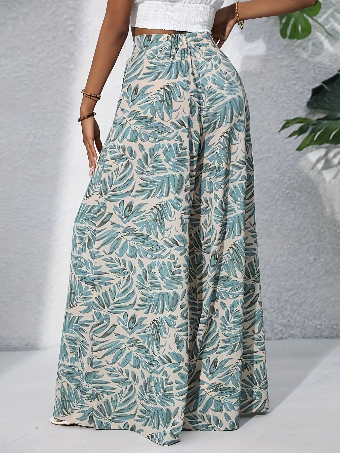 Women's Summer Floral Print Plus Size Wide Leg Pants, Elegant High-Waist Loose Casual Pants, Perfect for Resort Style