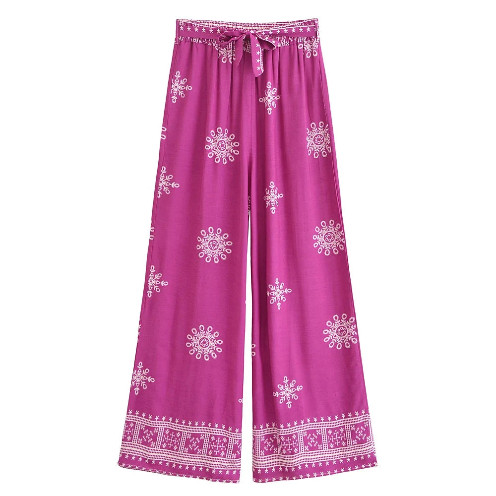 Boho Queens Women Floral Bohemian Wide Leg Holiday Pants with Pockets Lady Elastic Waist Loose Vacation Boho Pants Trousers