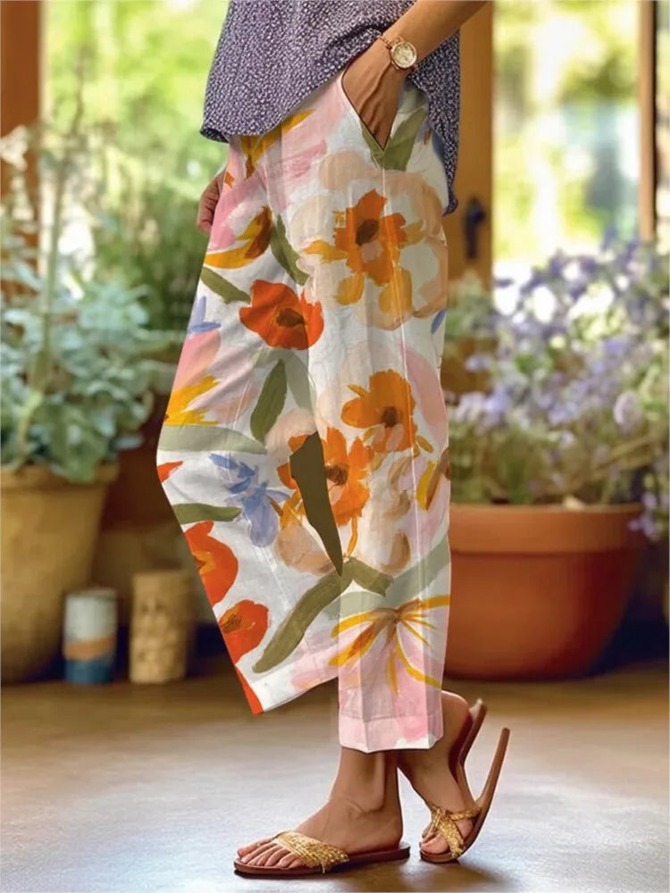 Fashion Floral Print Pants Lady Casual Pockets Mid Waist Straight Ankle-Length Pants For Women Holiday Y2k Womens Clothing New