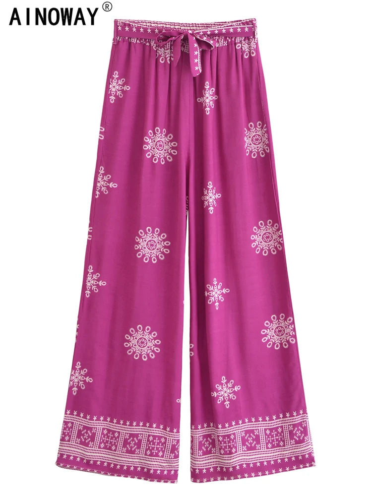 Vintage Chic Women Purple Floral Bohemian Wide Leg Pants with Pockets Lady Elastic Waist Loose Vacation Boho Pant Trousers