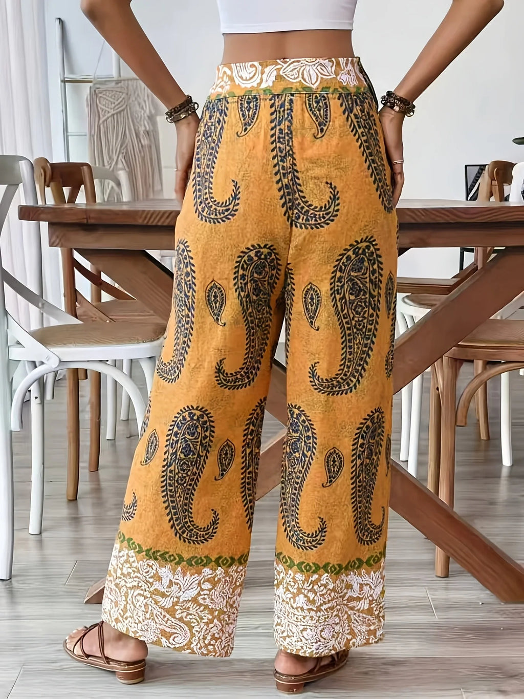 Mustard Yellow Paisley Wide Leg Pants, Tie Waist, Bohemian Style Vacation Casual Pants