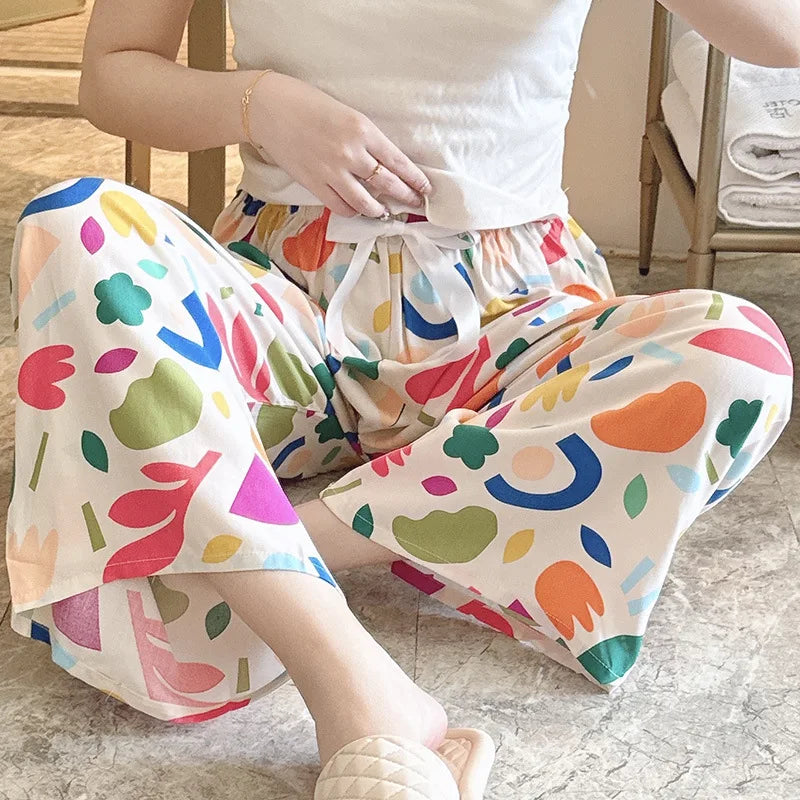 Summer Pants Women Thin Bottoms Spring Loungewear Flower Print Loose Fit Trousers