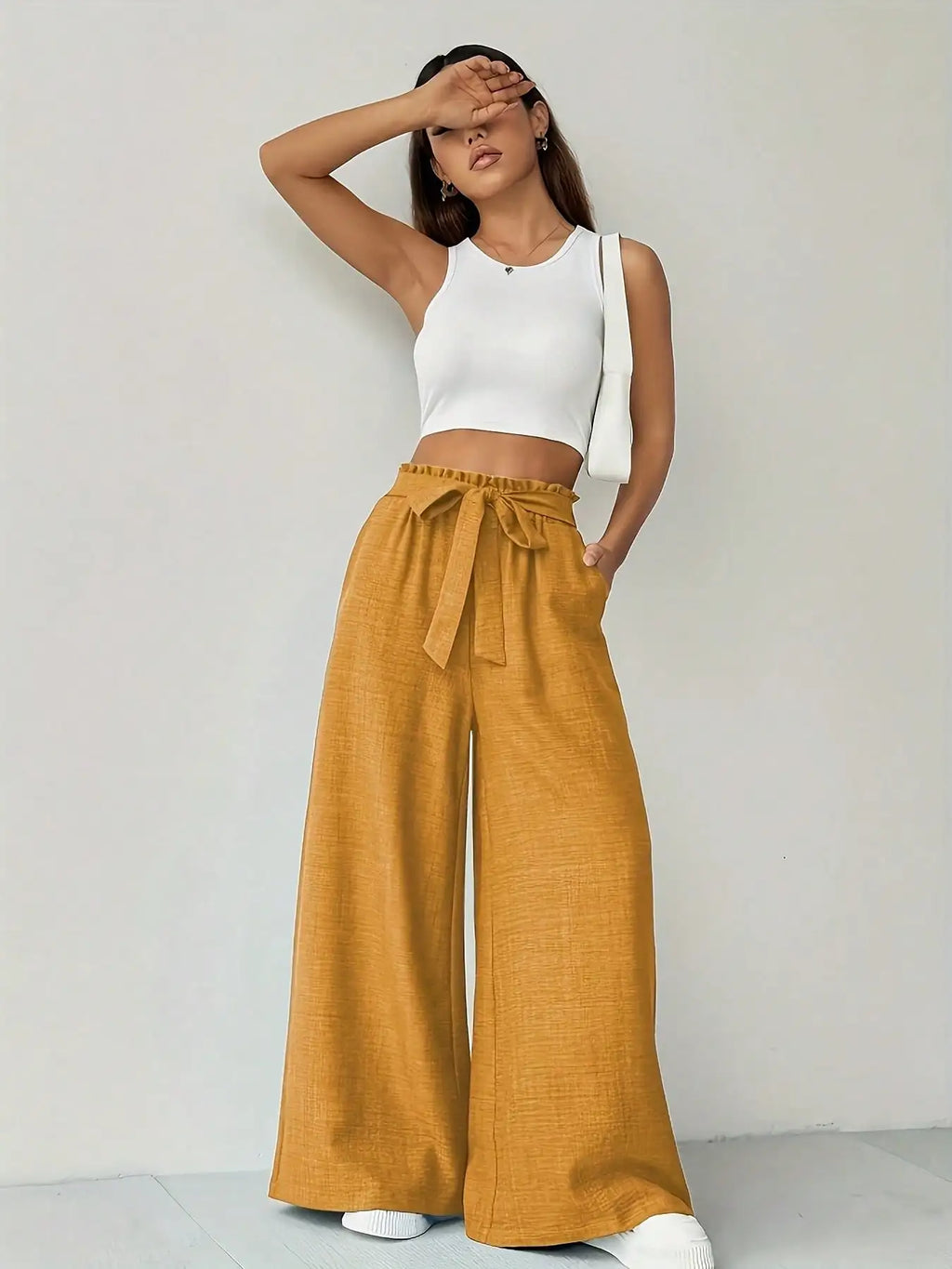 Fashionable and comfortable summer versatile solid color high waist slim fit wide leg pants, long pants, women's clothing