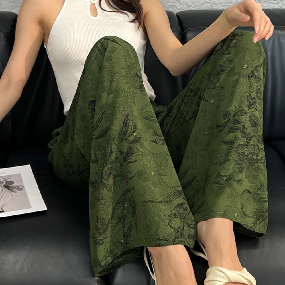 Summer Sleeping Pants Women Thin Bottoms Spring Large Size Home Wear Pants Pajamas Flower Print Loose Cute Beach Trousers