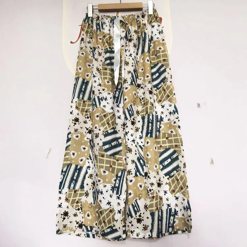 Printed Wide Leg Pants Women Summer Loose Casual Long Trousers Retro Artistic Style Quality Pants Comfortable Cotton Blend