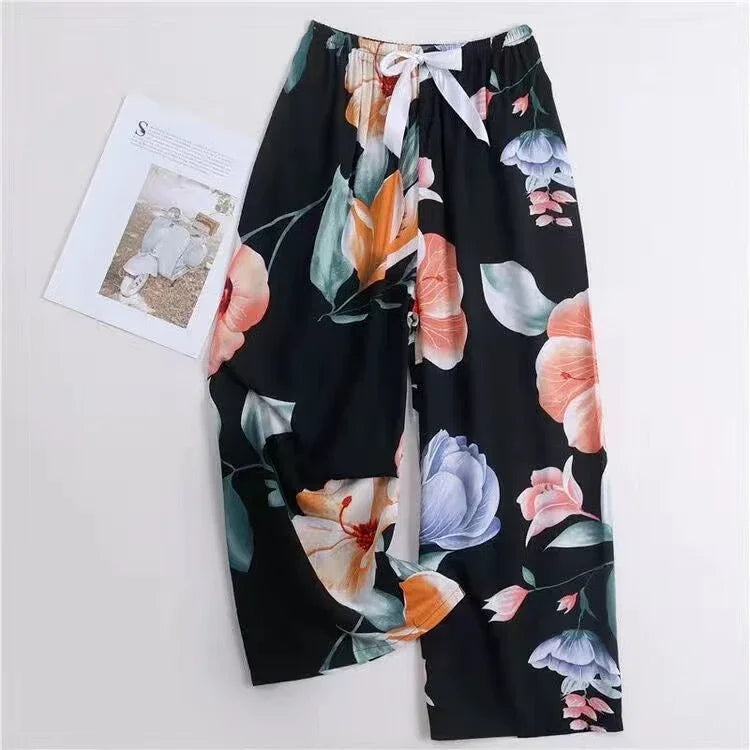 Cute Women Loose Pajama Pants Summer Lounge Trousers Floral Print Casual Stretch Waist Drawstring High Waist Pants Home Pants