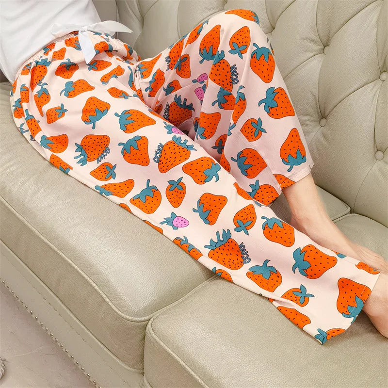 Loungewear Women Summer Pants Thin Bottoms Large Size Home Wear Pants Flower Print Loose Cute Trousers
