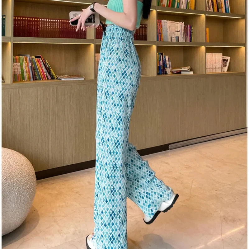 Ice Silk Women's Summer New Style Spliced Elasticized High-waisted Hanging Feeling Pleated Loose Casual Straight Leg Pants
