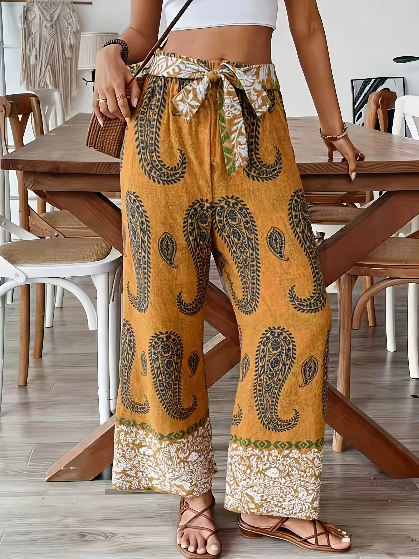 Mustard Yellow Paisley Wide Leg Pants, Tie Waist, Bohemian Style Vacation Casual Pants