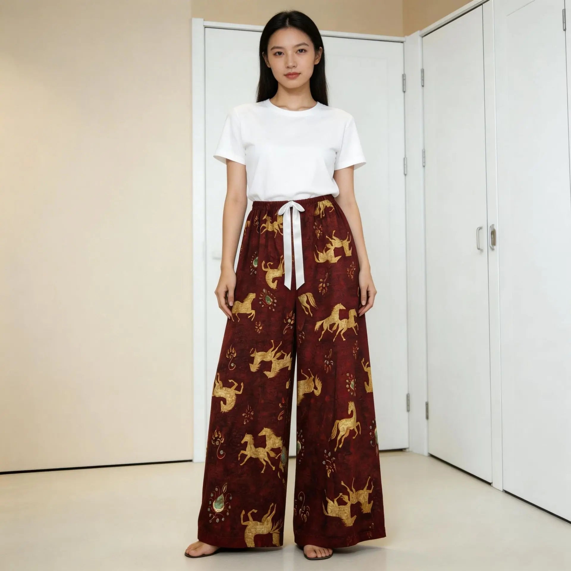 Printed Wide Leg Pants Women Summer Loose Casual Long Trousers Retro Artistic Style Quality Pants Comfortable Cotton Blend