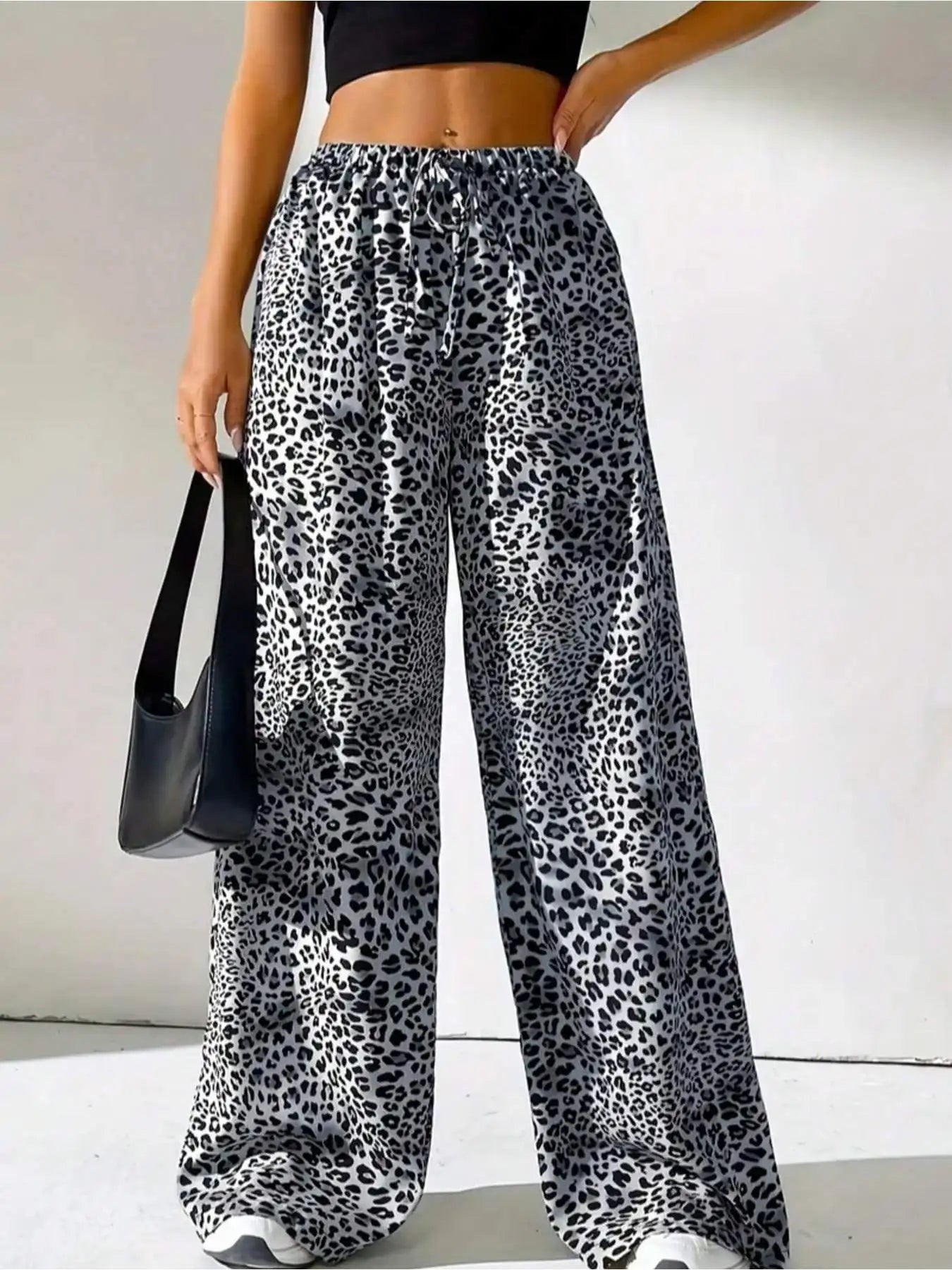 Summer casual elegant style elastic waist color blocked leopard print wide leg pants long pants