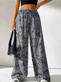 Summer casual elegant style elastic waist color blocked leopard print wide leg pants long pants
