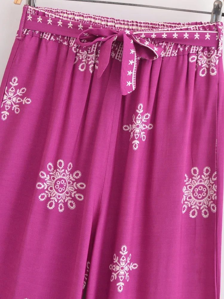 Boho Queens Women Floral Bohemian Wide Leg Holiday Pants with Pockets Lady Elastic Waist Loose Vacation Boho Pants Trousers