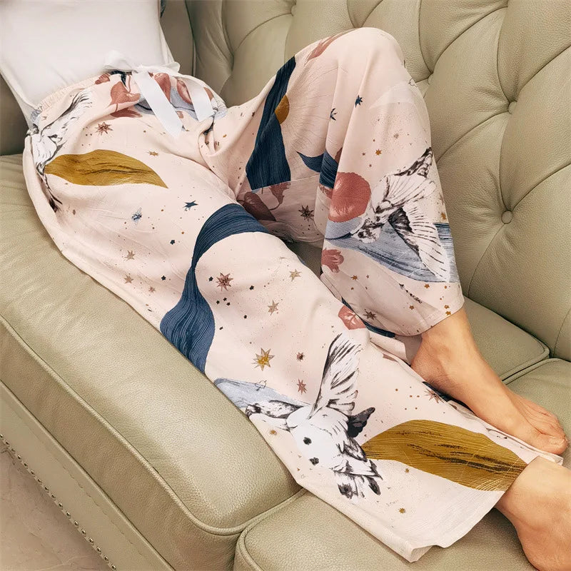 Summer Pants Women Thin Bottoms Spring Loungewear Flower Print Loose Fit Trousers