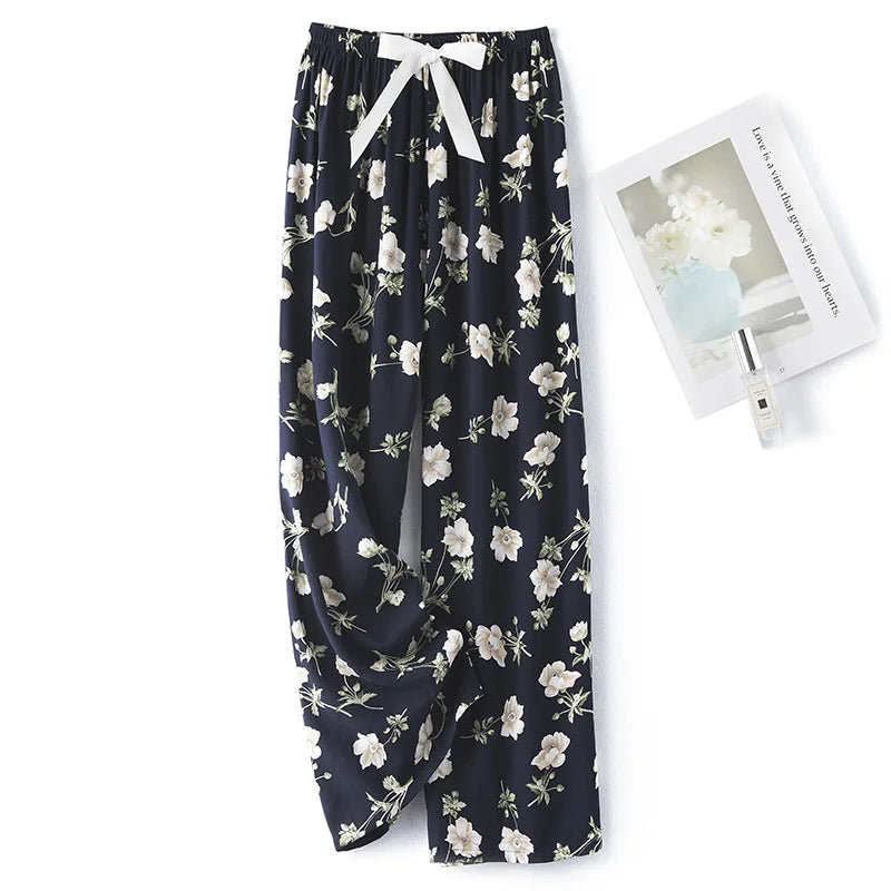 New Ladies Pants Viscose Pajama Sleep Bottoms Thin Loose Large Size Pants Women Pants Home Clothes Loungewear Floral Sleepwear