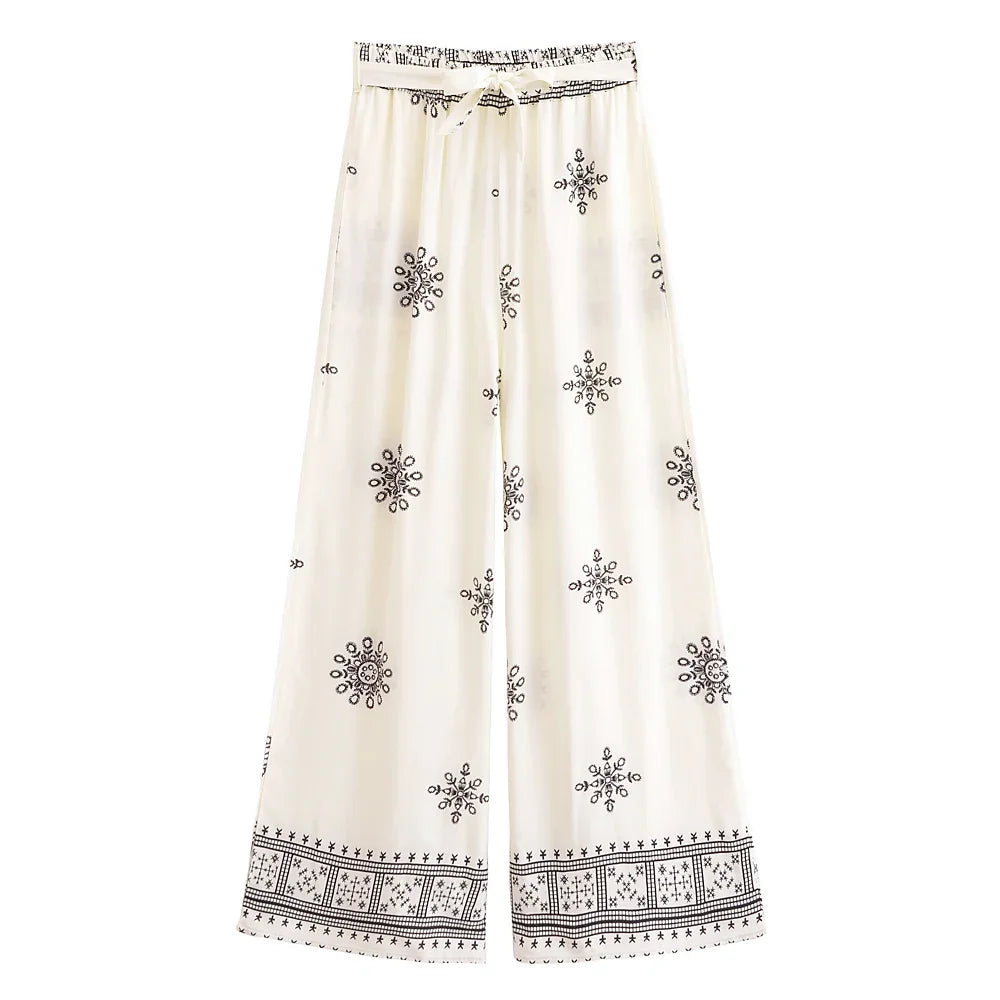 Boho Queens Women Floral Bohemian Wide Leg Holiday Pants with Pockets Lady Elastic Waist Loose Vacation Boho Pants Trousers